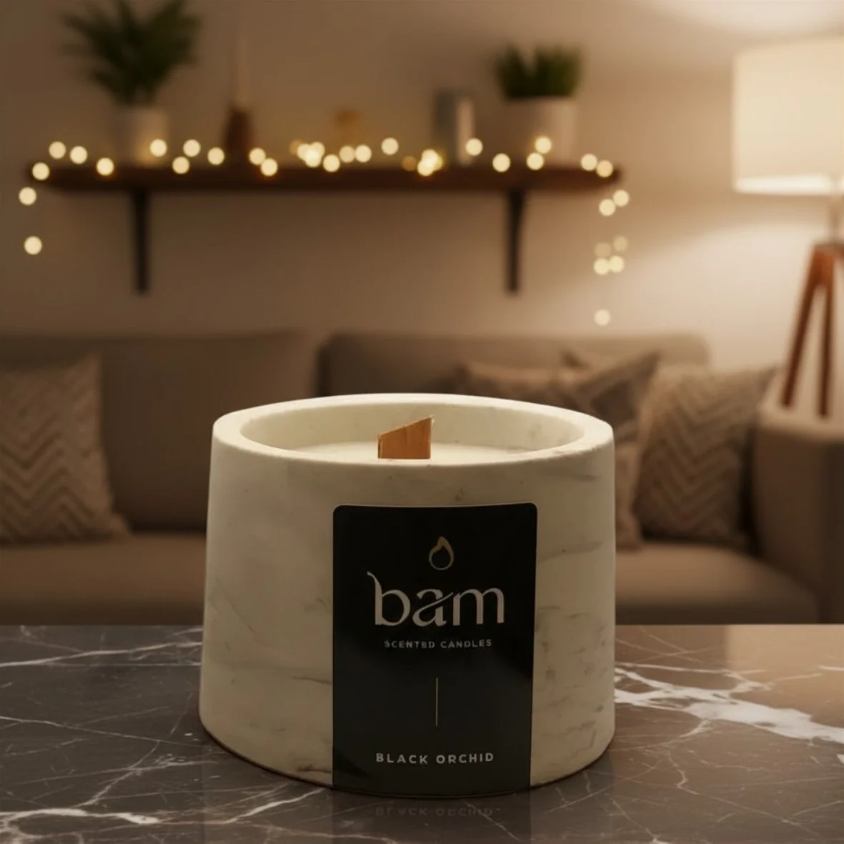 BAM geurkaars Black Orchid in een stenen pot