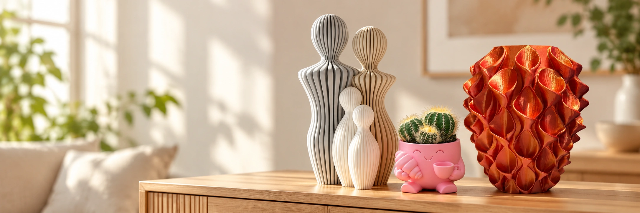 Familiebeeldje, Happy Pot en oranje Lotus vaas in een warme woonkamer