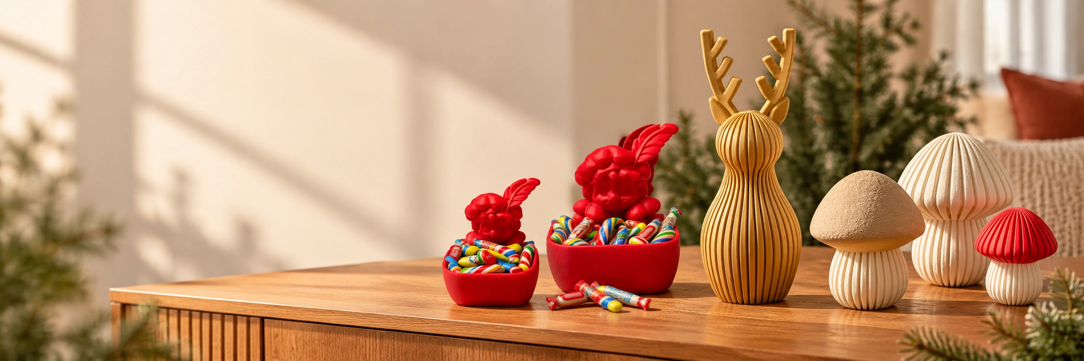 Sinterklaasbakjes, gouden rendier en herfstdecoratie op een houten kast